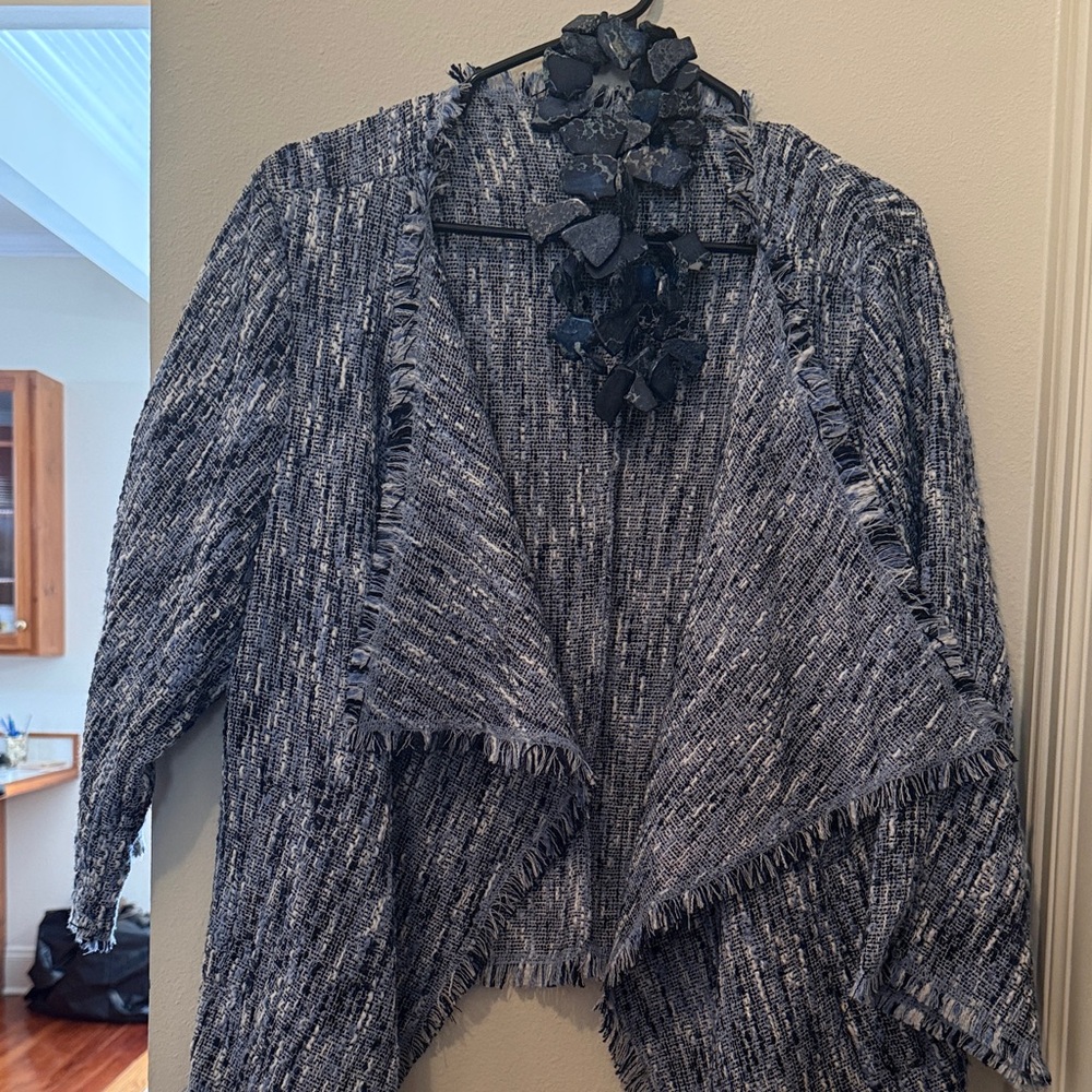 Roz & Ali Navy Tweed Open Front Blazer